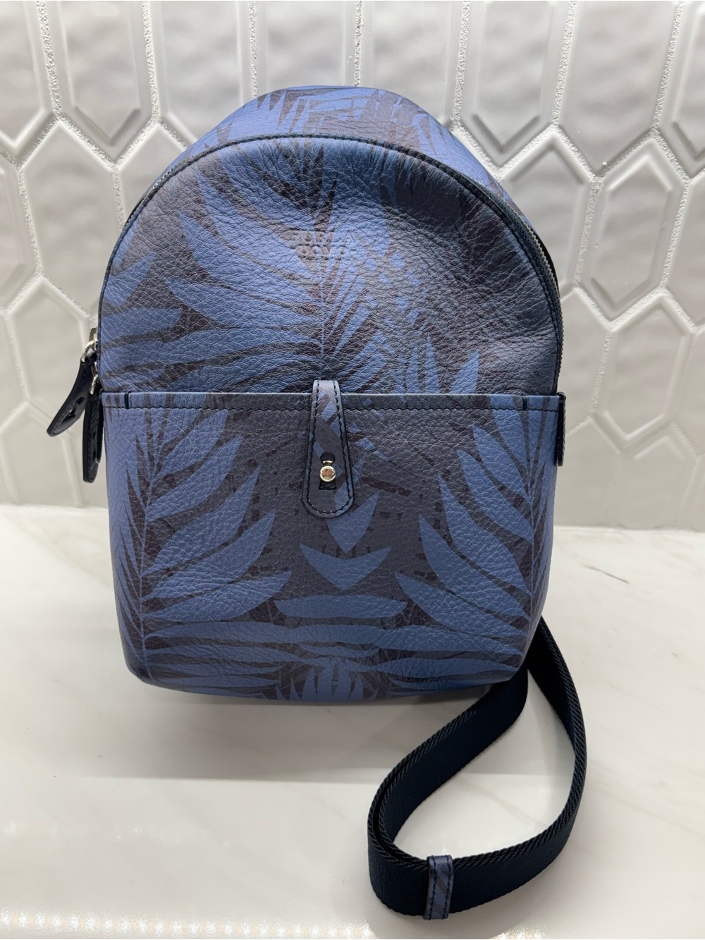 Furla Uomo Made Italy Leather Crossbody Sling Backpack Blue Palm Print Bag